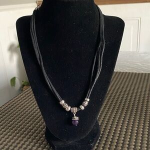 Black Leather Multi-Strand Necklace with Purple Gem Accent